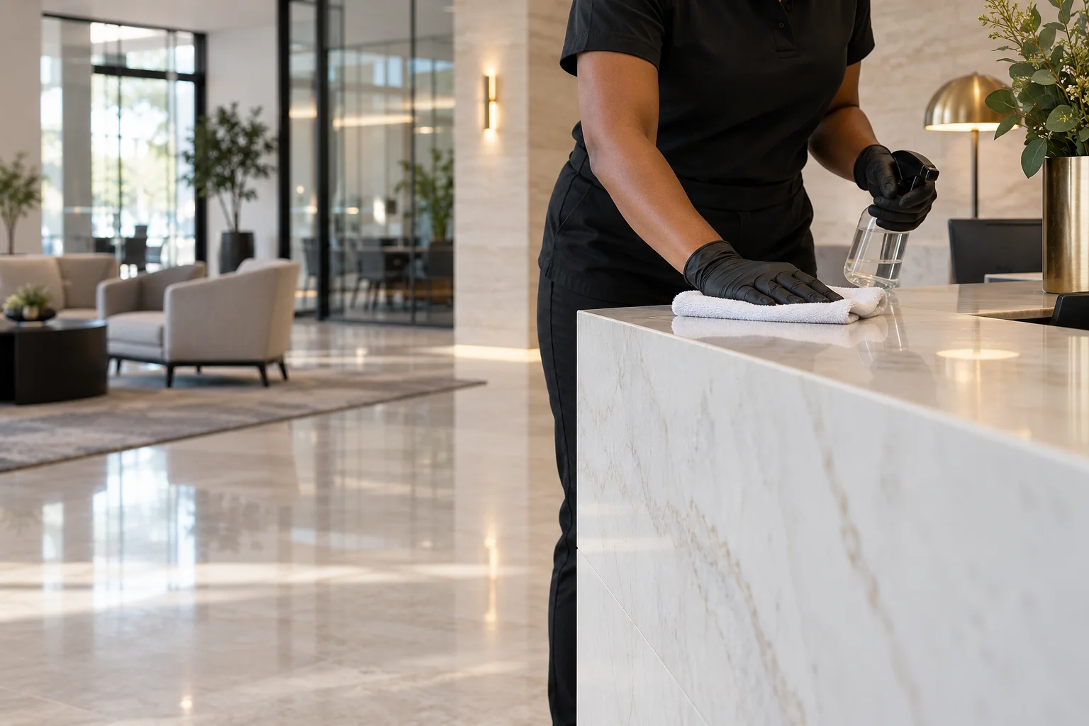 Illustrative scene of a professional cleaning a commercial reception area